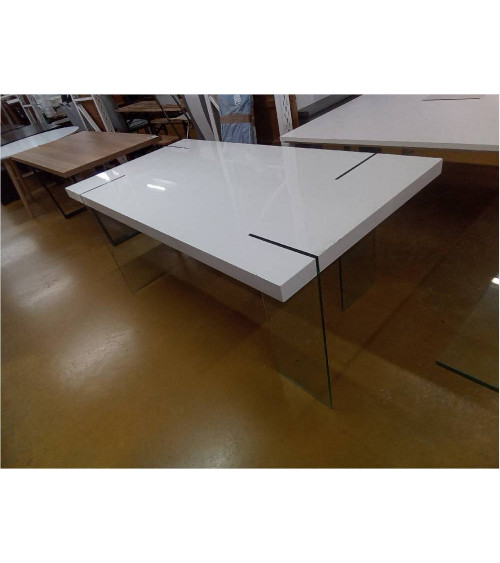 TABLE LAQUE BLANC PIED VERRE