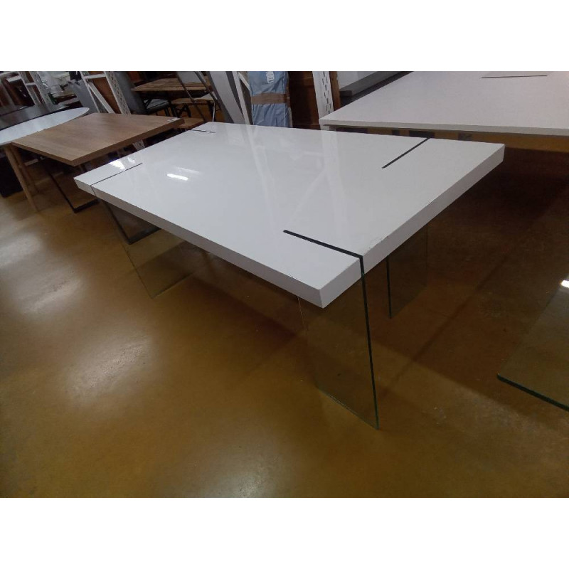 TABLE LAQUE BLANC PIED VERRE