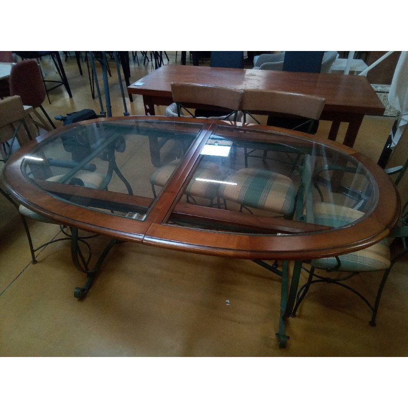 TABLE OVALE FER VERRE BOIS 1 ALLONGE